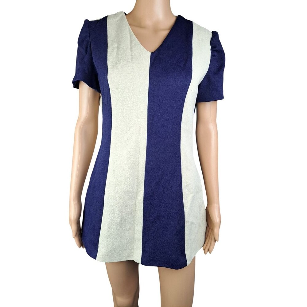 Vintage Handmade Blue Cream Colorblock Short Sleeve Mini Dress Medium Mod Space - Picture 8 of 12